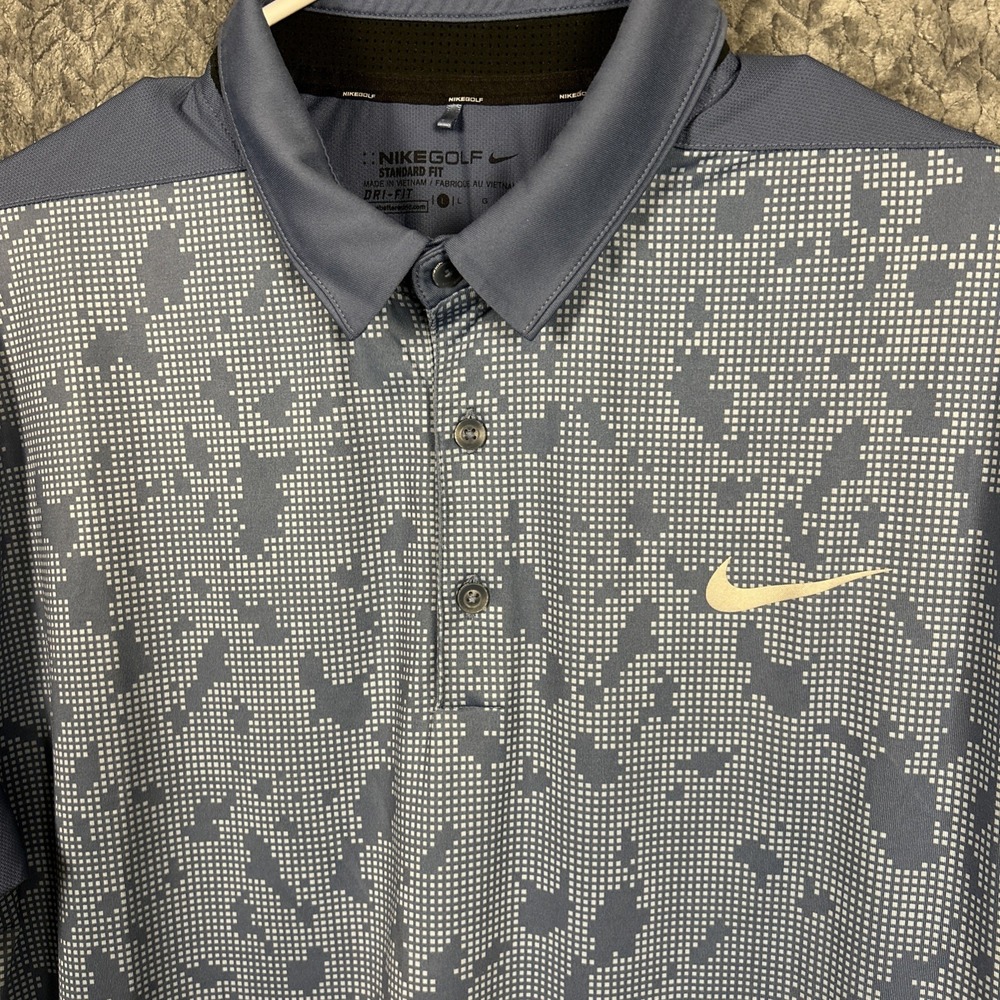 Nike Golf Dri-FIT Mobility Camo Polo Shirt Mens L Blue Digicam Stretch
